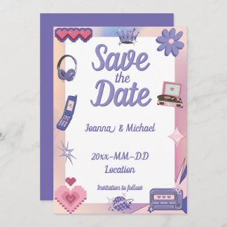 Invitation Y2K Pink Purple 2000s Retro Tech Geek Love Mariage