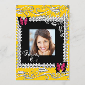 Invitation Y 21e fête d'anniversaire Papillons noirs roses