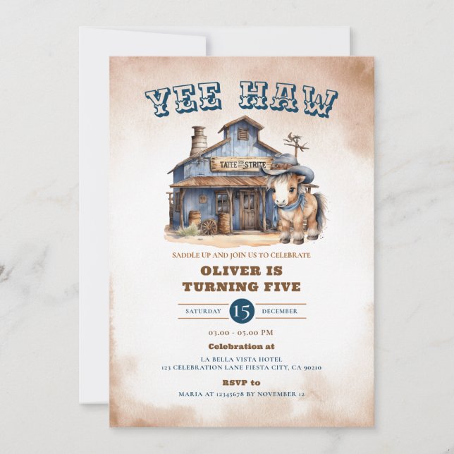 Invitation Yee haw Cowboy Rodeo Wild West Ranch 5e anniversai (Devant)