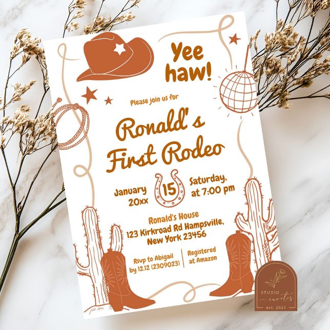 Invitation Yeehaw Disco Cowboy Premier Rodéo Anniversaire Gar (Créateur téléchargé)