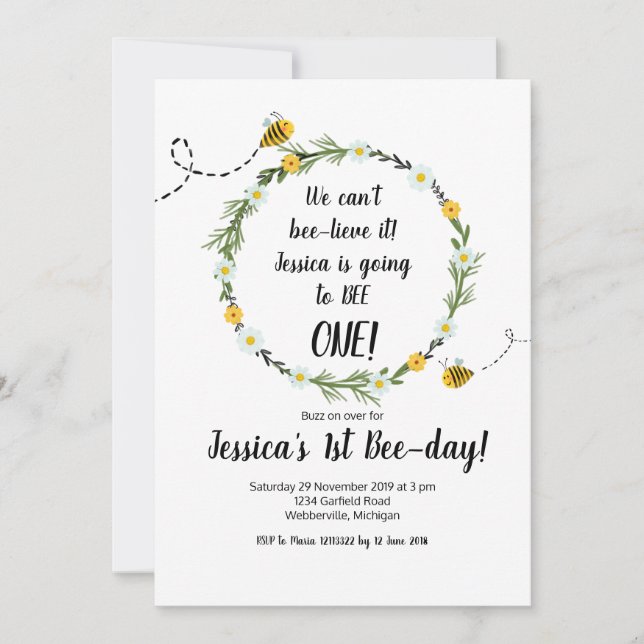 Invitation Yellow Bee Rustic 1er anniversaire de fête Invitat (Devant)