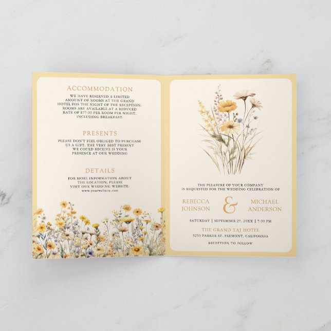 Invitation Yellow Boho Wildflower QR Code Wedding (Intérieur)
