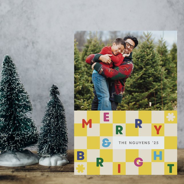 Invitation Yellow Checkerboard Merry & Bright Christmas Card (Créateur téléchargé)