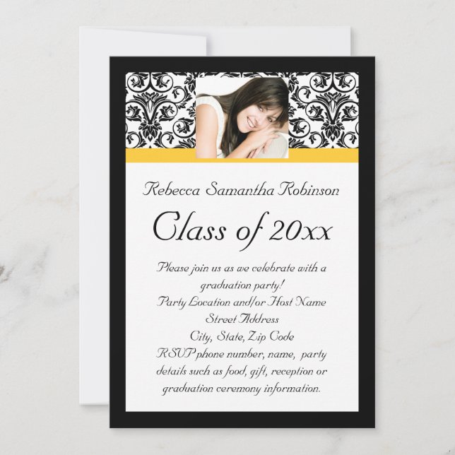 Invitation Yellow Damask Photo Girl's Graduation (Devant)
