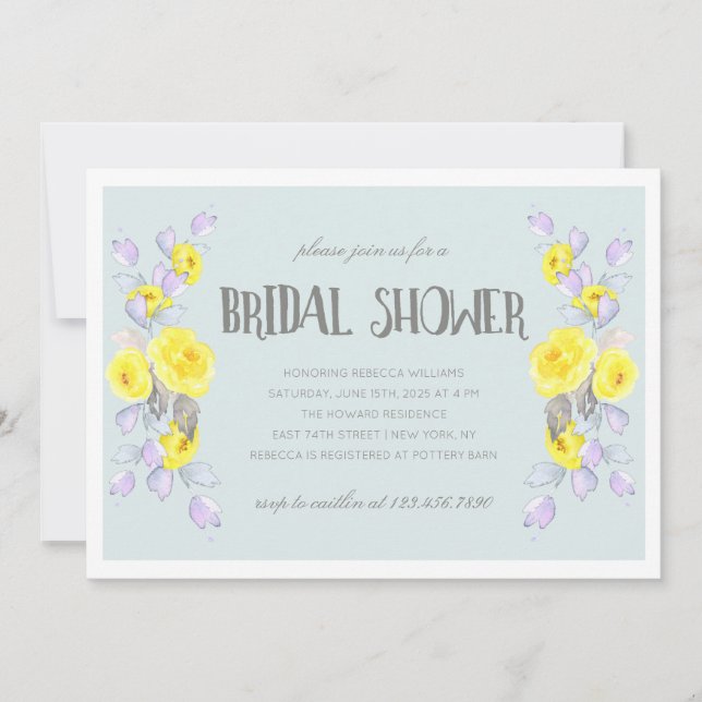 Invitation Yellow flowers and lilac foliage bridal shower (Devant)