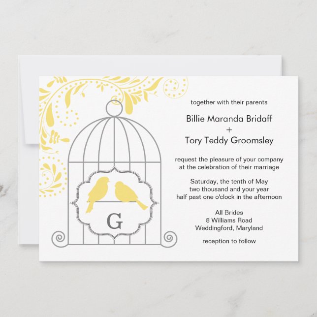 Invitation Yellow Grey Love Birdcage Mariage Monogramme (Devant)