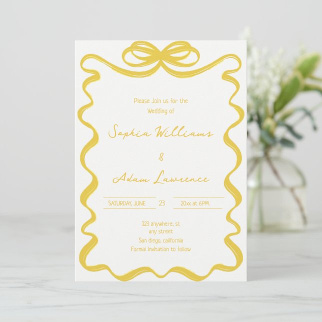 Invitation Yellow Hand Written Pinstripes Whimsical Wedding (Debout devant)
