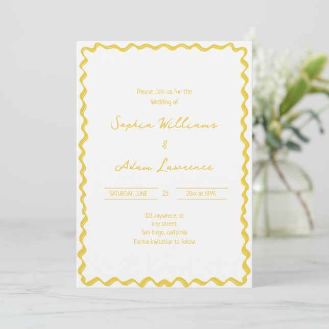 Invitation Yellow Hand Written Pinstripes Whimsical Wedding (Debout devant)