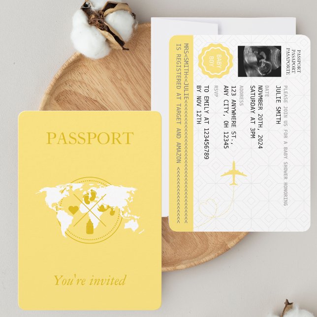 Invitation Yellow Passport Voyage Garçon Baby shower Monde Ca (Créateur téléchargé)