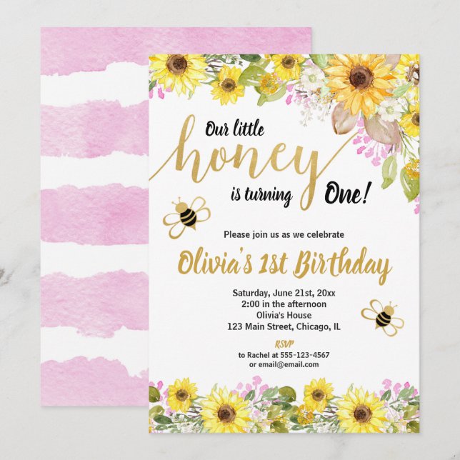 Invitation Yellow pink bumble bee sunflower (Devant / Derrière)