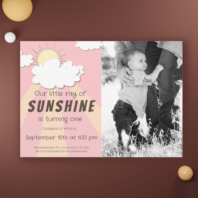 Invitation Yellow Pink Little Sunshine 1er anniversaire (Créateur téléchargé)