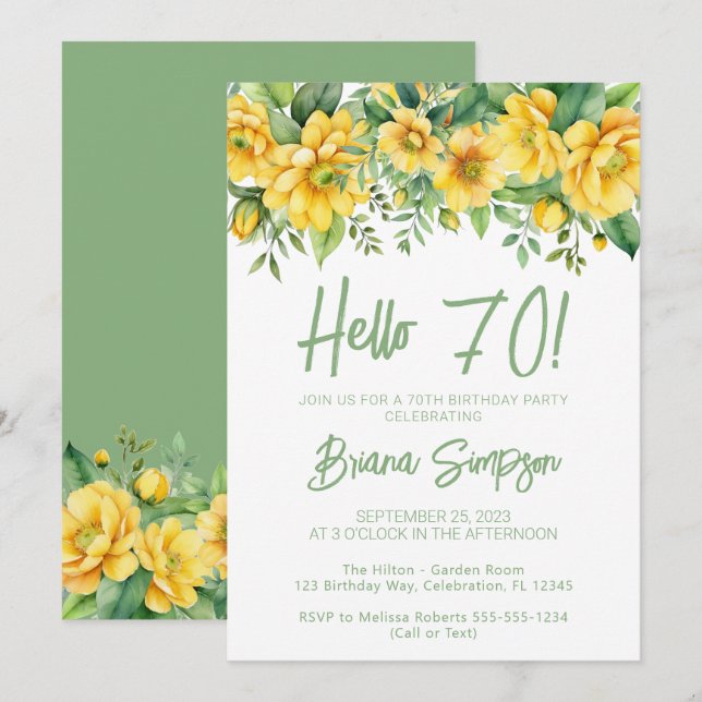 Invitation Yellow Sage Green Floral 70th Birthday Party (Devant / Derrière)