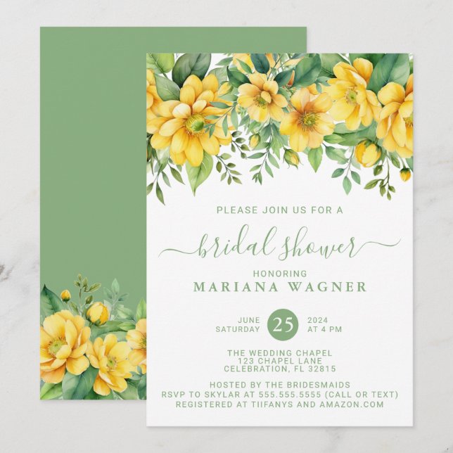 Invitation Yellow Sage Green Floral Bridal Shower (Devant / Derrière)