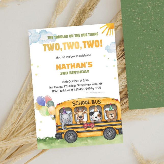 Invitation Yellow School Bus 2e anniversaire Roues dans le bu (modern transportation invitation, second birthday boy invitation, transportation themed invitation, )
