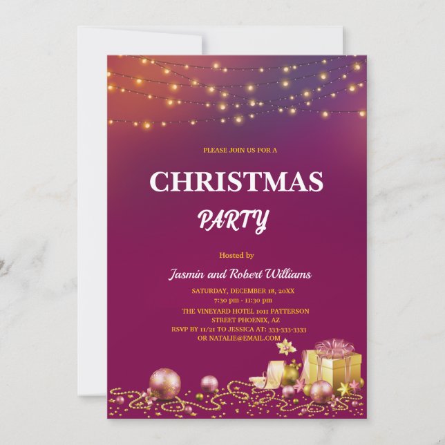 Invitation yellow String Lights Purple Christmas Party  (Devant)