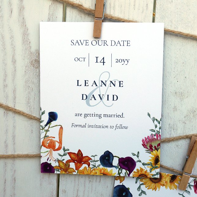 Invitation Yellow Sunflowers Orange, Plum Blue Lilies Wedding (gold, yellow sunflowers, plum purple calla lilies, magenta pink protea flowers wedding save the date)