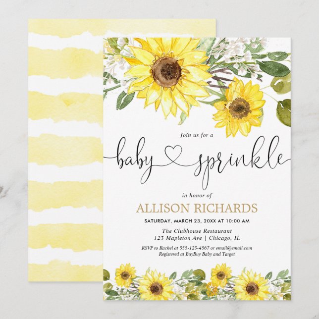Invitation Yellow watercolor tournesol bébé arroser (Devant / Derrière)
