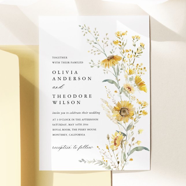 Invitation Yellow Wildflower Sunflower Wedding (Yellow sunflower wildflower wedding invitation watercolor floral garden elegant wedding stationery)
