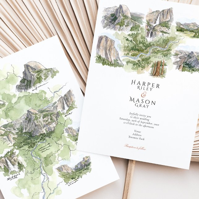 Invitation Yosemite National Park Watercolor Map Wedding (Créateur téléchargé)