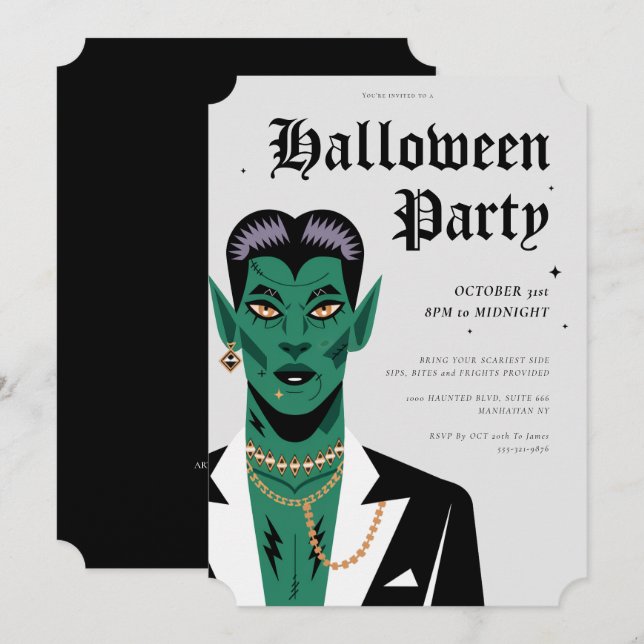Invitation Young Goth Frankenstein Halloween Party (Devant / Derrière)