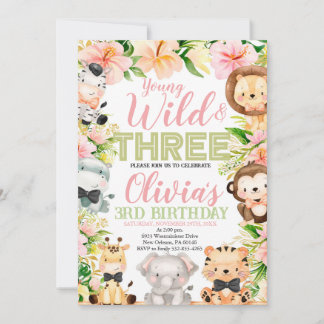 Invitation Young Wild and Three, 3e Anniversaire Animaux de l