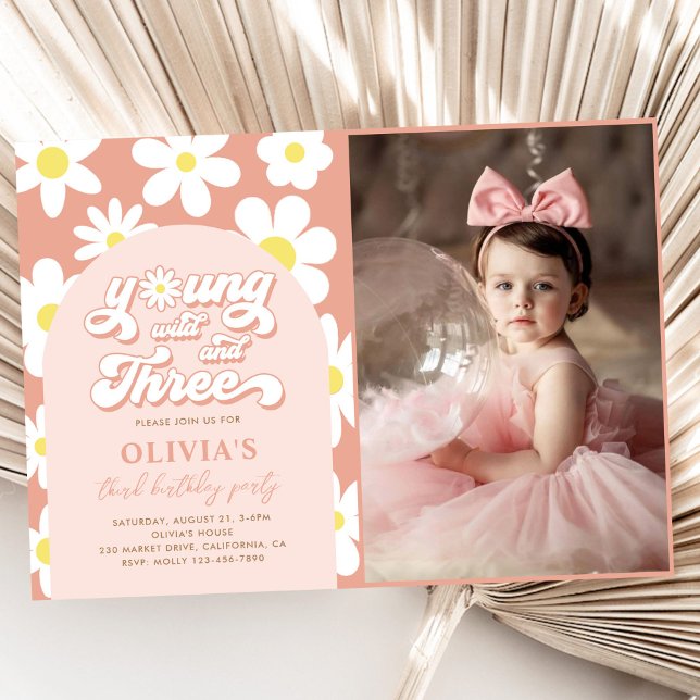 Invitation Young Wild And Three Boho Daisy 3e anniversaire Ph (Créateur téléchargé)