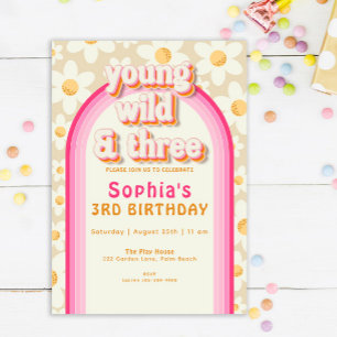 Invitation Young Wild and Three Boho Daisy Rainbow Birthday I