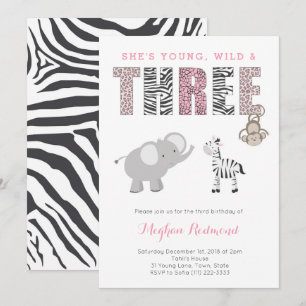 Invitation Young, Wild and Three Girl Zoo 3e fête d'anniversa