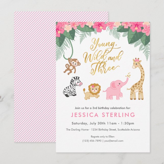 Invitation Young Wild and Three - Pink Safari Girl's 3rd (Devant / Derrière)