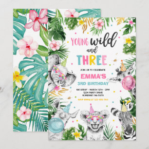 Invitation Young Wild And Three Safari Jungle Animals Party