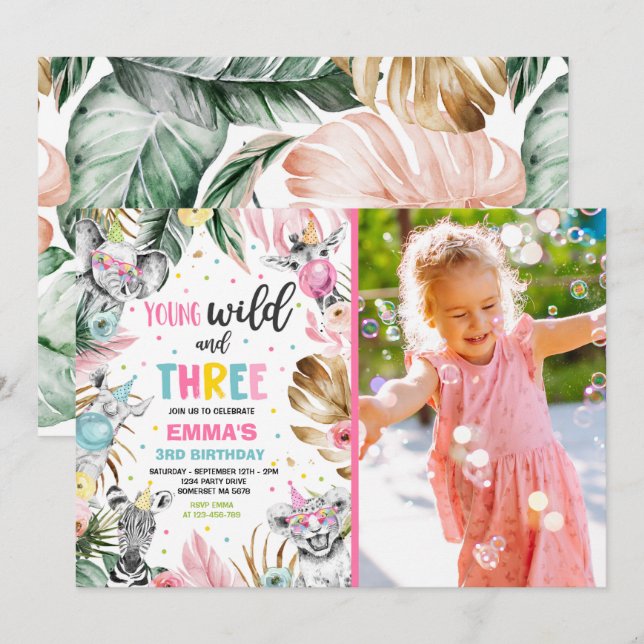 Invitation Young Wild And Three Safari Jungle Animals Party (Devant / Derrière)