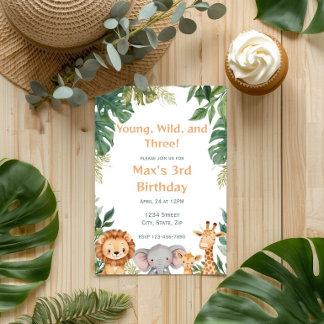 Invitation Young Wild and Three Safari Jungle Birthday