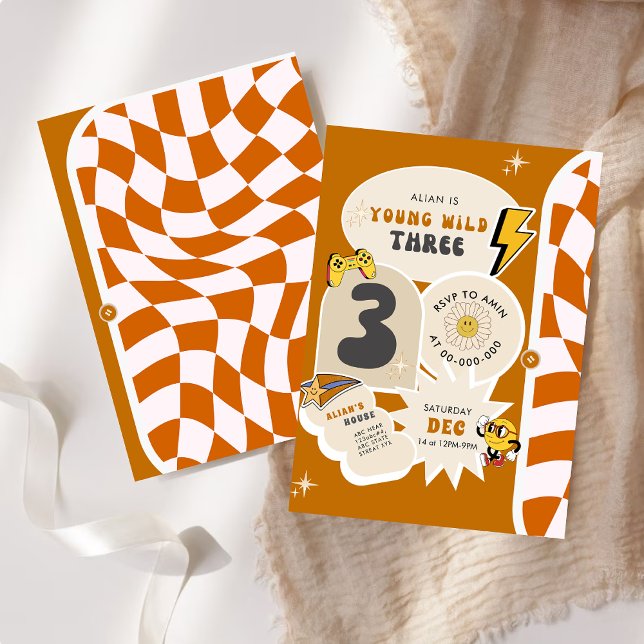 Invitation Young Wild et Three 3e Retro À damiers Anniversair (Créateur téléchargé)