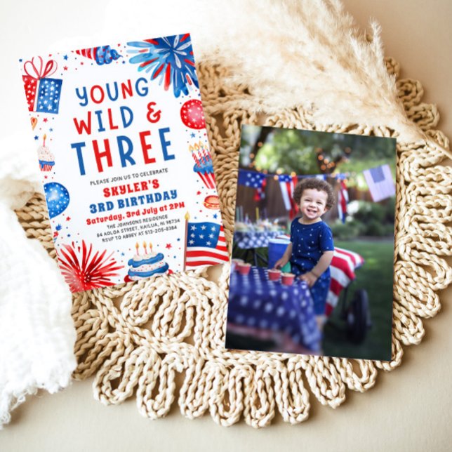 Invitation Young Wild et Three 4 Juillet 3 Anniversaire (Watercolor Patriotic Fireworks Young Wild and Three 4th July 3rd Birthday Party Invitation)