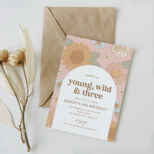 Invitation Young Wild et Three Retro Floral 3e anniversaire