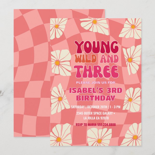 Invitation Young Wild et Three | Super Daisy Troisième annive (Devant / Derrière)