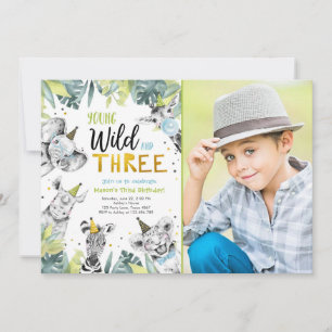 Invitation Young Wild et trois animaux Safari garçon Annivers