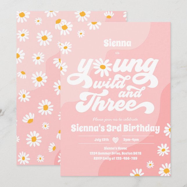 Invitation Young Wild Et Trois Anniversaire Fête Boho Daisy (Devant / Derrière)