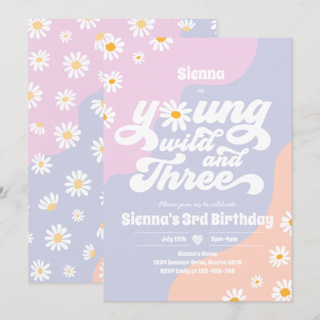 Invitation Young Wild Et Trois Anniversaire Fête Boho Daisy (Devant / Derrière)