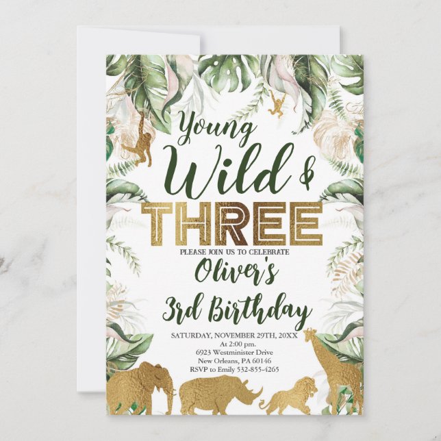 Invitation Young Wild et trois Anniversaire, Safari, Jungle (Devant)