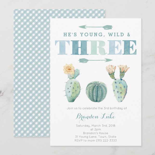 Invitation Young Wild et TROIS Cactus 3e fête d'anniversaire (Devant / Derrière)