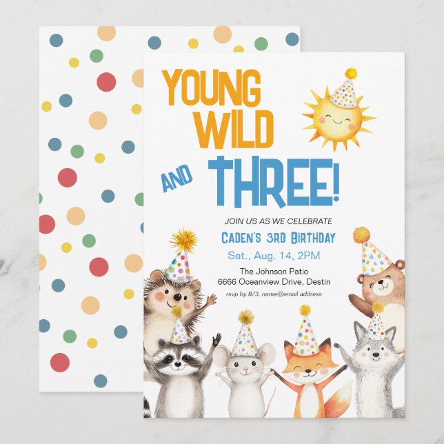Invitation Young Wild Forest Animals Party Hats 3rd Birthday (Devant / Derrière)