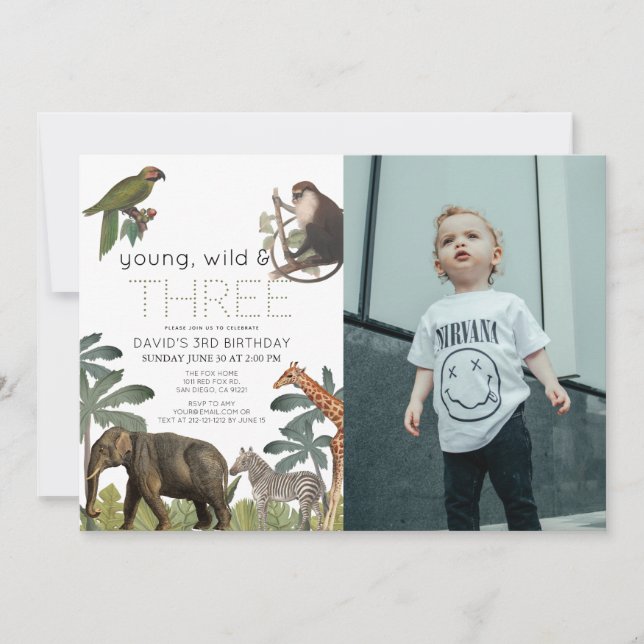 Invitation Young Wild & Three Animaux Photo 3e anniversaire (Devant)
