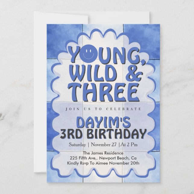 Invitation Young Wild & Three Blue Retro Boy 3rd Birthday  (Devant)