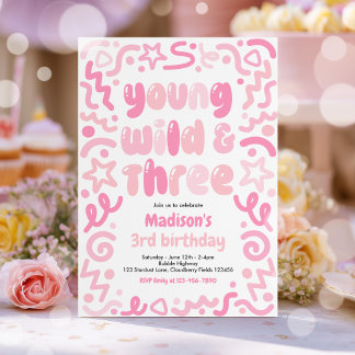 Invitation Young Wild & Three Confetti Balloon 3rd Birthday 