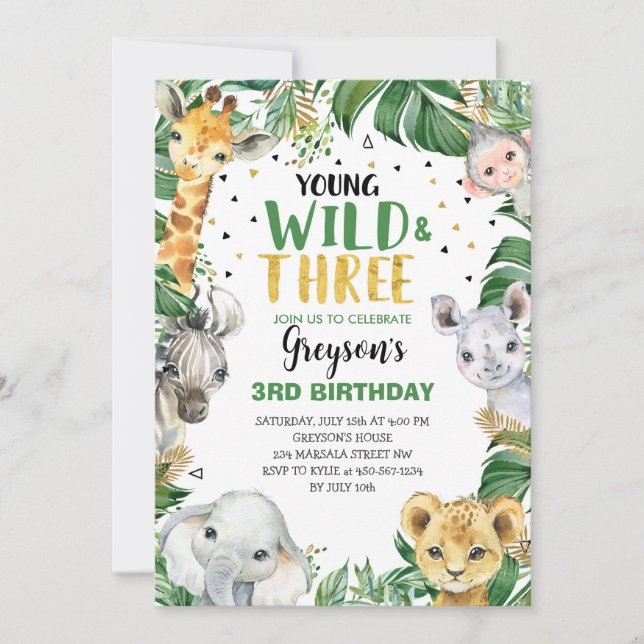 Invitation Young Wild & Three Floral Boy Jungle 3e anniversai (Devant)