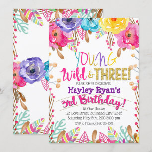 Invitation Young Wild & Three Girls Boho Floral 3e anniversai