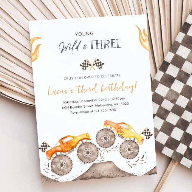 Invitation Young, Wild & THREE Orange Monster Truck 3e annive (Créateur téléchargé)