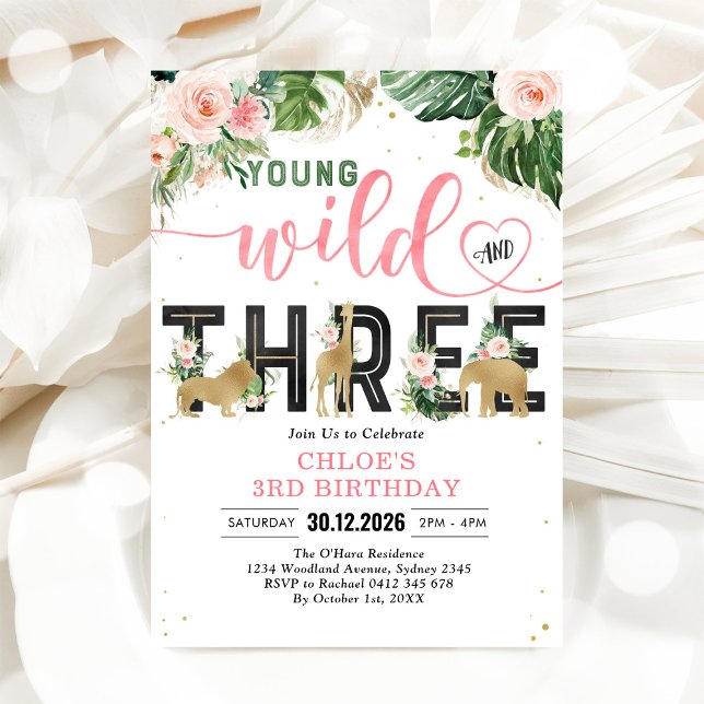 Invitation Young Wild & Three Party Animals Girl 3rd Birthday (Créateur téléchargé)