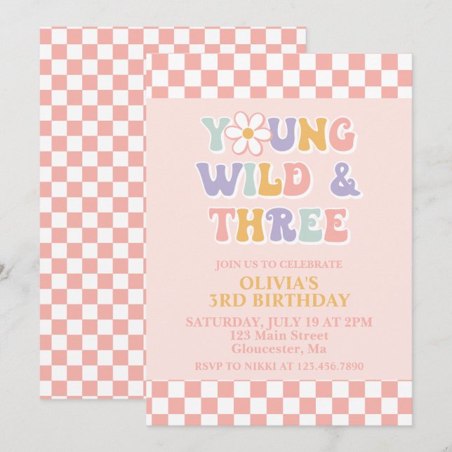 Invitation Young Wild Three Retro Daisy Checker 3e anniversai (Devant / Derrière)